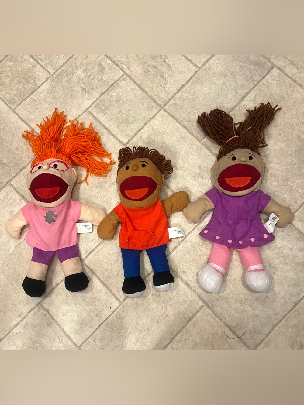Three Happy Kids stuffed hand puppets, 14” tall, multicultural.